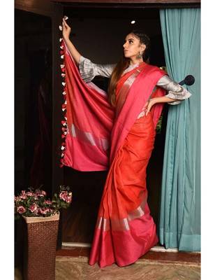 Double Shaded Handwoven Linen Saree with Zari Border 2