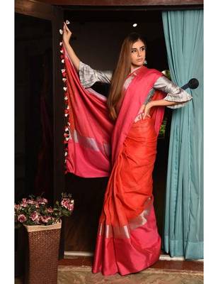 Double Shaded Handwoven Linen Saree with Zari Border 3