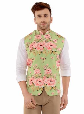Green Printed Polyester Nehru Jacket 1