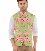 Green Printed Polyester Nehru Jacket