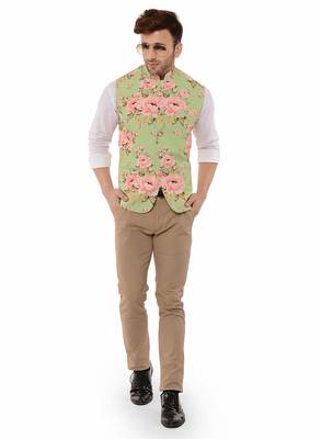 Green Printed Polyester Nehru Jacket 2