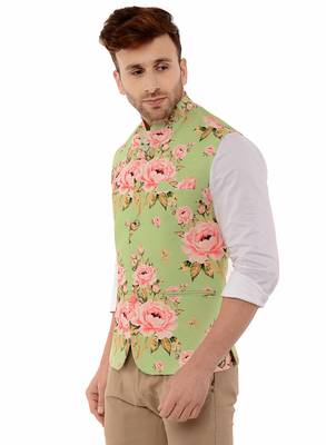 Green Printed Polyester Nehru Jacket 3