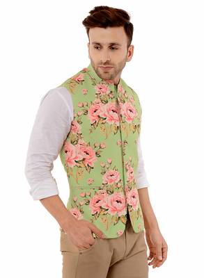 Green Printed Polyester Nehru Jacket 4