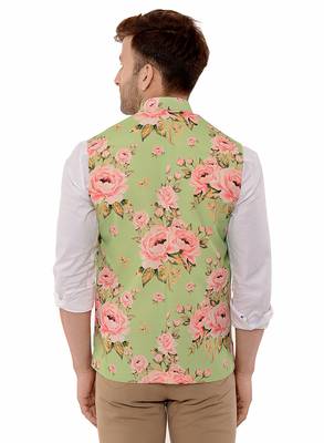 Green Printed Polyester Nehru Jacket 5