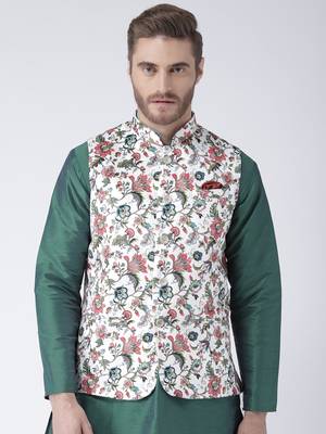 White Printed Polyester Nehru Jacket 1