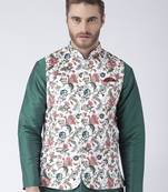 White Printed Polyester Nehru Jacket