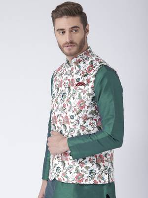 White Printed Polyester Nehru Jacket 2