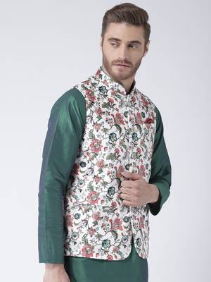 White Printed Polyester Nehru Jacket 3