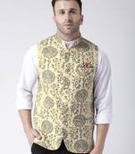 Beige Printed Polyester Nehru Jacket