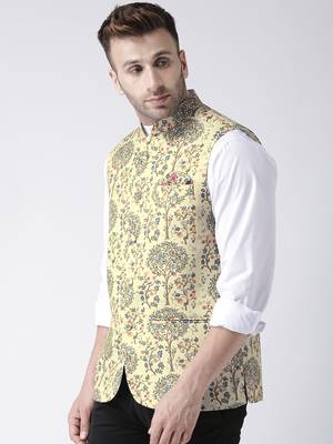 Beige Printed Polyester Nehru Jacket 3