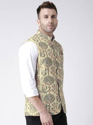 Beige Printed Polyester Nehru Jacket 4