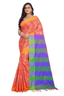 Orange Printed Cotton Silk Saree With Blouse 1