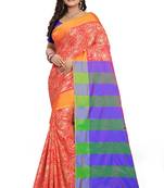 Orange Printed Cotton Silk Saree With Blouse