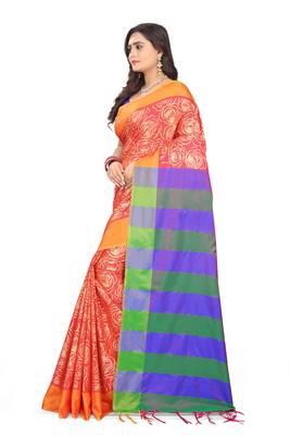Orange Printed Cotton Silk Saree With Blouse 2