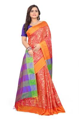 Orange Printed Cotton Silk Saree With Blouse 3