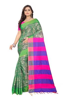 Green Printed Cotton Silk Saree With Blouse 1
