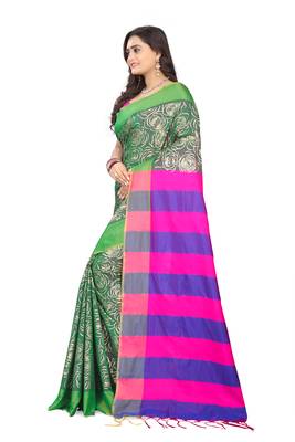 Green Printed Cotton Silk Saree With Blouse 2