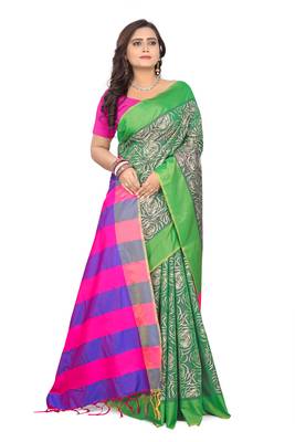 Green Printed Cotton Silk Saree With Blouse 3