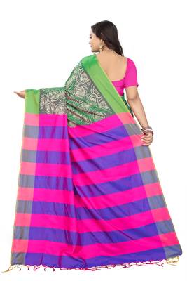 Green Printed Cotton Silk Saree With Blouse 4