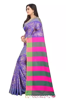 Purple Printed Cotton Silk Saree With Blouse