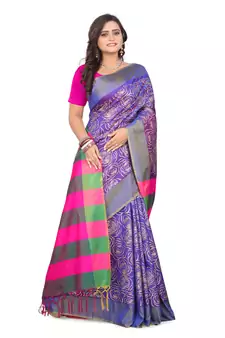 Purple Printed Cotton Silk Saree With Blouse