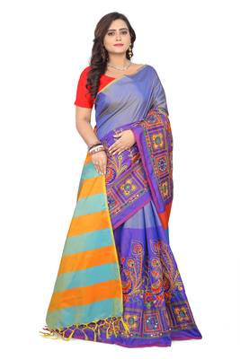 Purple embroidered cotton silk saree with blouse 3