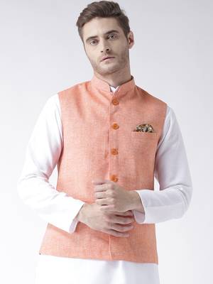 Orange Plain Linen Nehru Jacket 1
