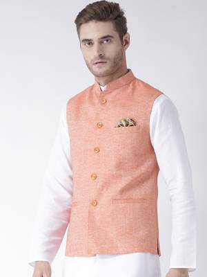 Orange Plain Linen Nehru Jacket 2