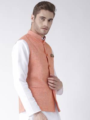 Orange Plain Linen Nehru Jacket 3