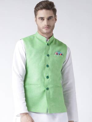Green Plain Linen Nehru Jacket 1