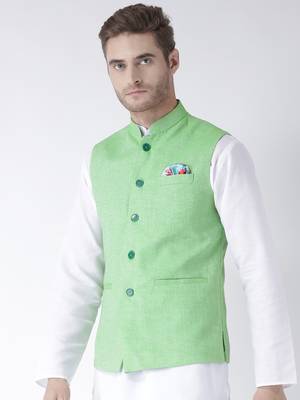 Green Plain Linen Nehru Jacket 2