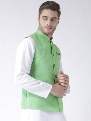 Green Plain Linen Nehru Jacket 3