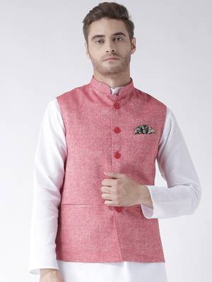 Red Plain Linen Nehru Jacket 1