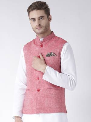 Red Plain Linen Nehru Jacket 2