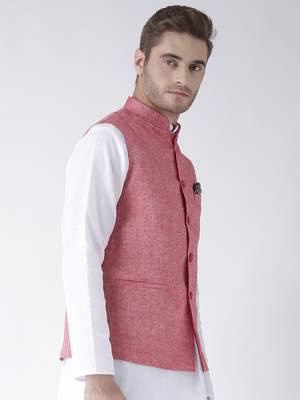 Red Plain Linen Nehru Jacket 3