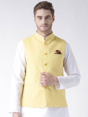 Yellow Plain Linen Nehru Jacket 1