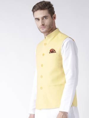 Yellow Plain Linen Nehru Jacket 2