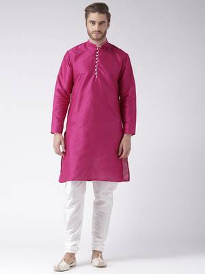Pink Plain Polyester Kurta Pajama 1
