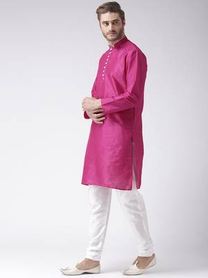 Pink Plain Polyester Kurta Pajama 2