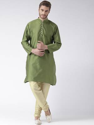 Green Plain Polyester Kurta Pajama 1