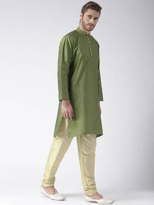 Green Plain Polyester Kurta Pajama 3