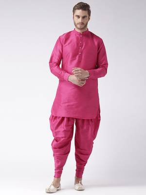 Pink plain dupion kurta pajama 1