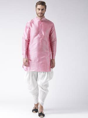 Pink plain dupion kurta pajama 1