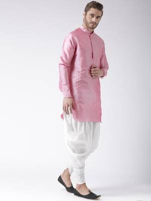Pink plain dupion kurta pajama 3
