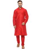 Red Plain Silk Blend Kurta Pajama