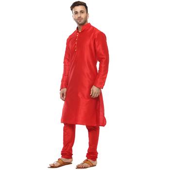 Red Plain Silk Blend Kurta Pajama 2