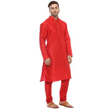 Red Plain Silk Blend Kurta Pajama 3