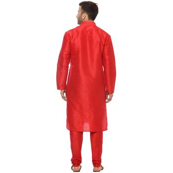 Red Plain Silk Blend Kurta Pajama 4