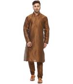 Brown Plain Silk Blend Kurta Pajama