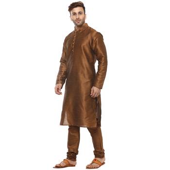 Brown Plain Silk Blend Kurta Pajama 2